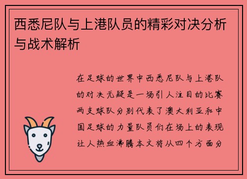 西悉尼队与上港队员的精彩对决分析与战术解析
